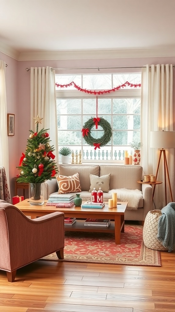 Cozy living room decorated for Christmas with a small tree, wreath, and festive accents.
