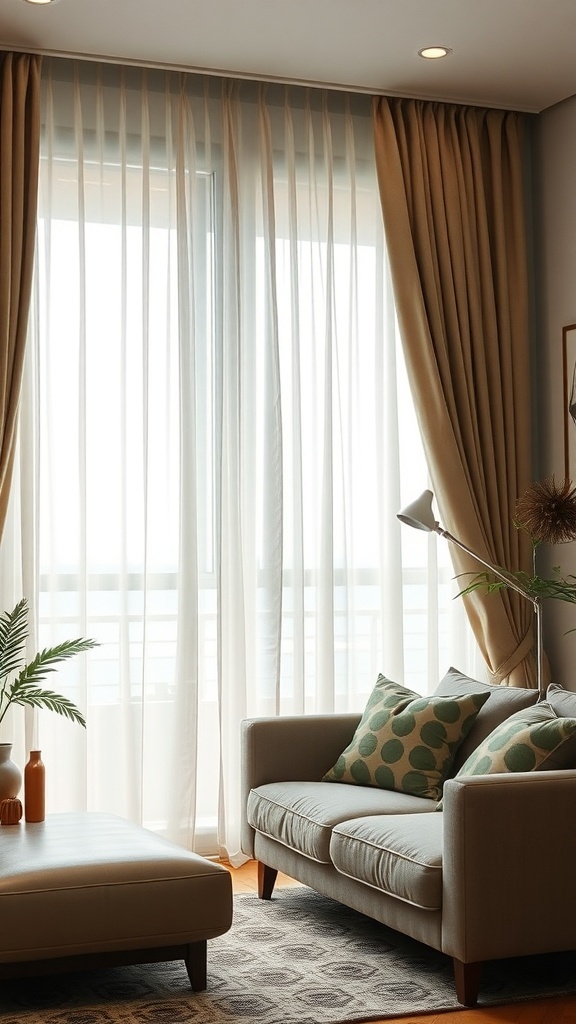 A cozy living room with layered curtains, featuring sheer and heavier drapes, a comfortable couch, and decorative pillows.