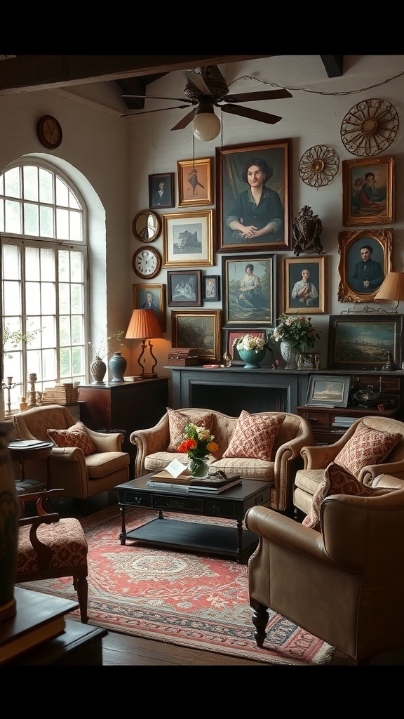 Cozy country living room with vintage furniture and framed portraits on the wall