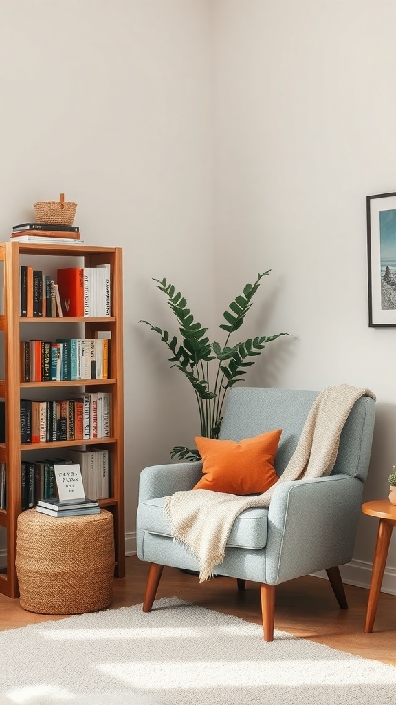 Cozy reading nook with a blue armchair, orange pillow, bookshelf, and plant.