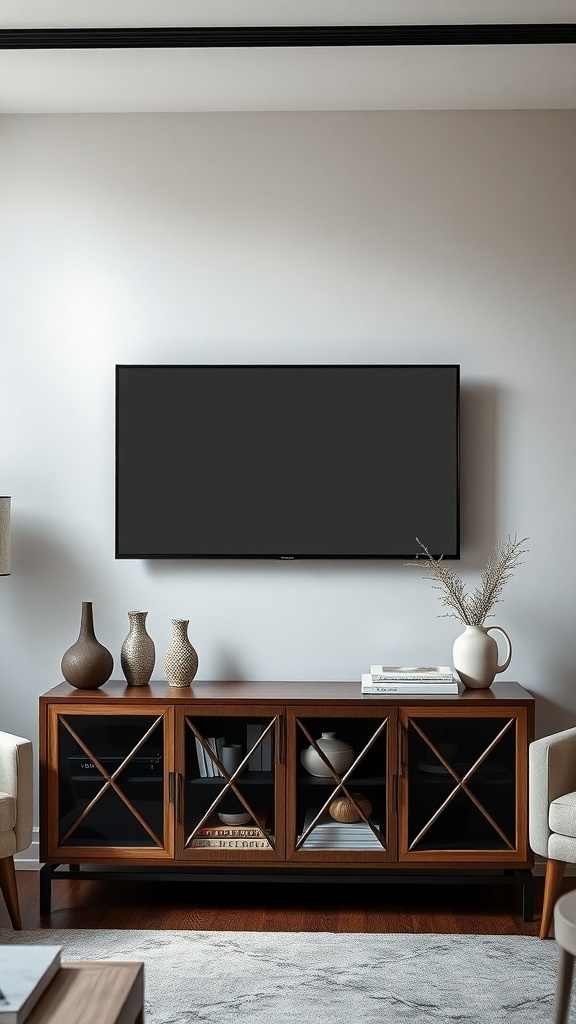 Stylish living room featuring a Frame TV mounted above a wooden console with decorative vases and a plant.