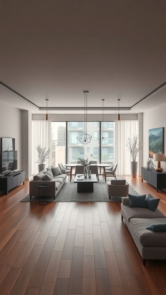 A spacious rectangle living room with large windows, modern furniture, and wooden flooring.
