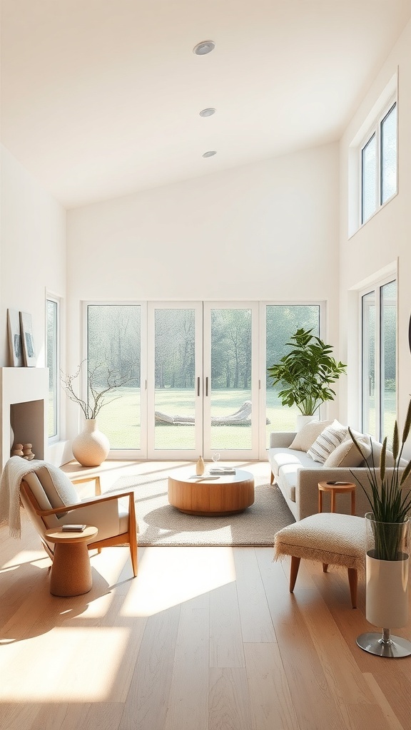 A modern country living room with neutral tones, featuring large windows, light wood flooring, and cozy furniture.