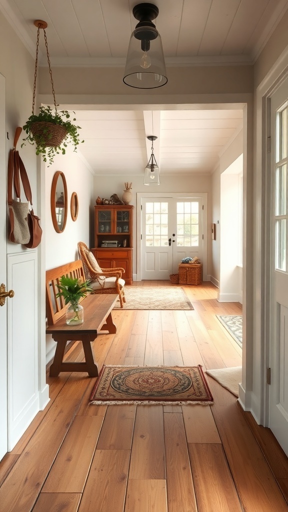 A rustic entryway featuring wooden floors, a bench, a round mirror, and natural light.