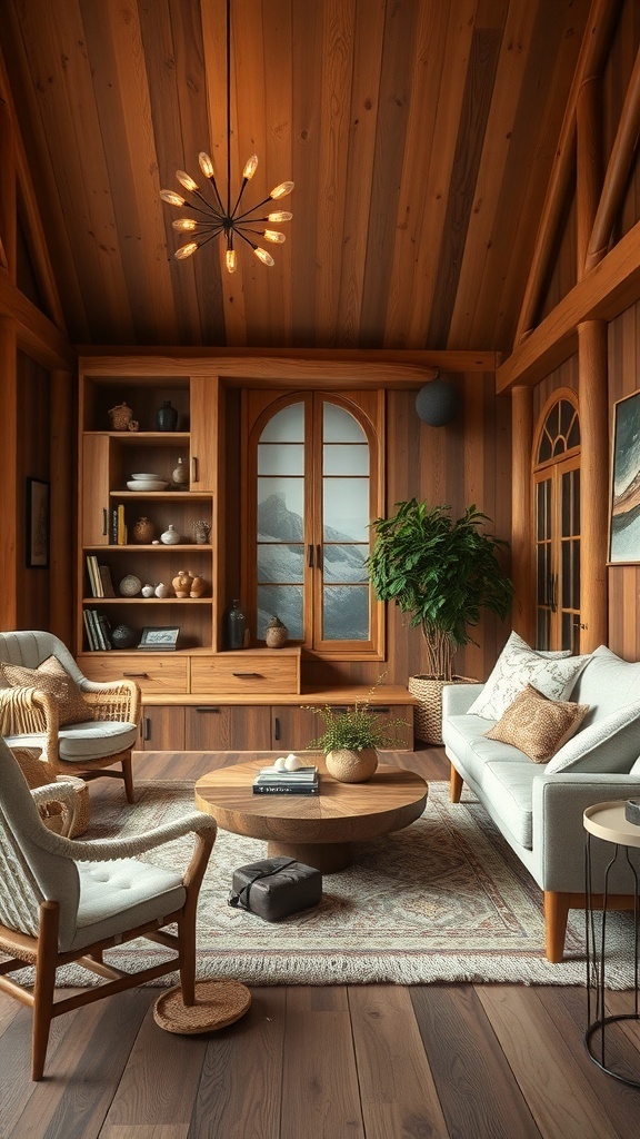 Cozy living room with wooden accents and handcrafted furniture