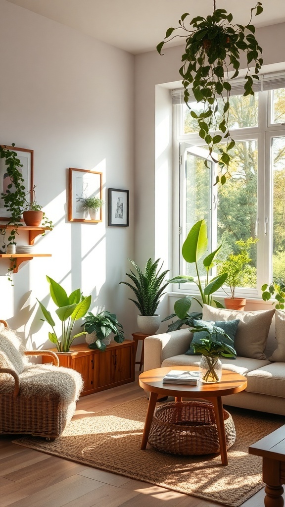 Cozy transitional living room with plants, natural light, and wooden furniture.