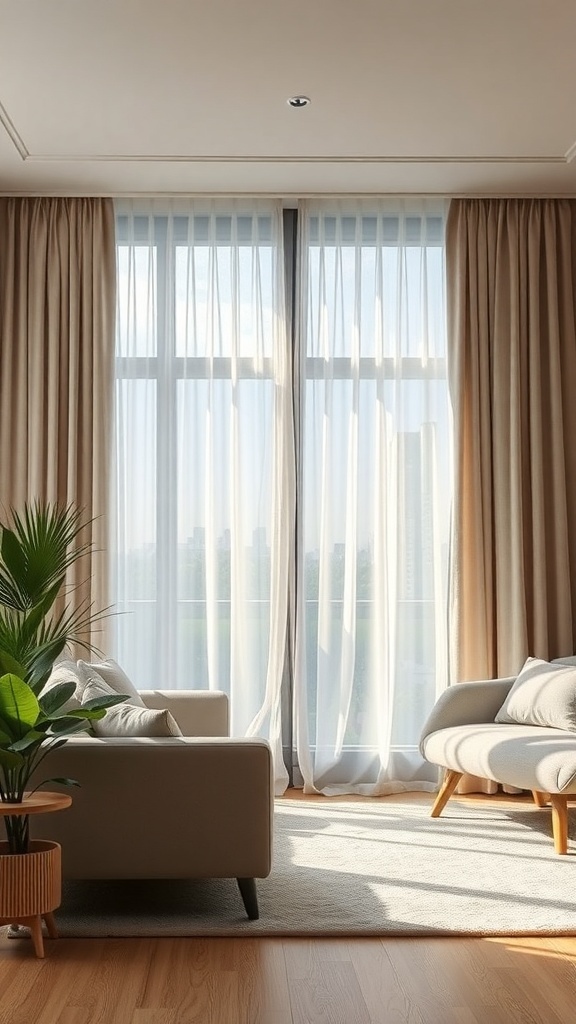 Cozy living room with light curtains and modern furniture