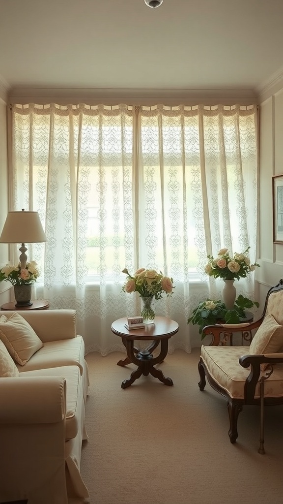 A cozy living room featuring vintage lace curtains, a small round table, and floral arrangements.