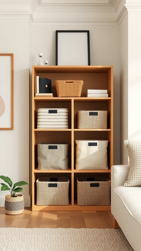 A wooden bookshelf with woven baskets and a small plant in a cozy living room setting.