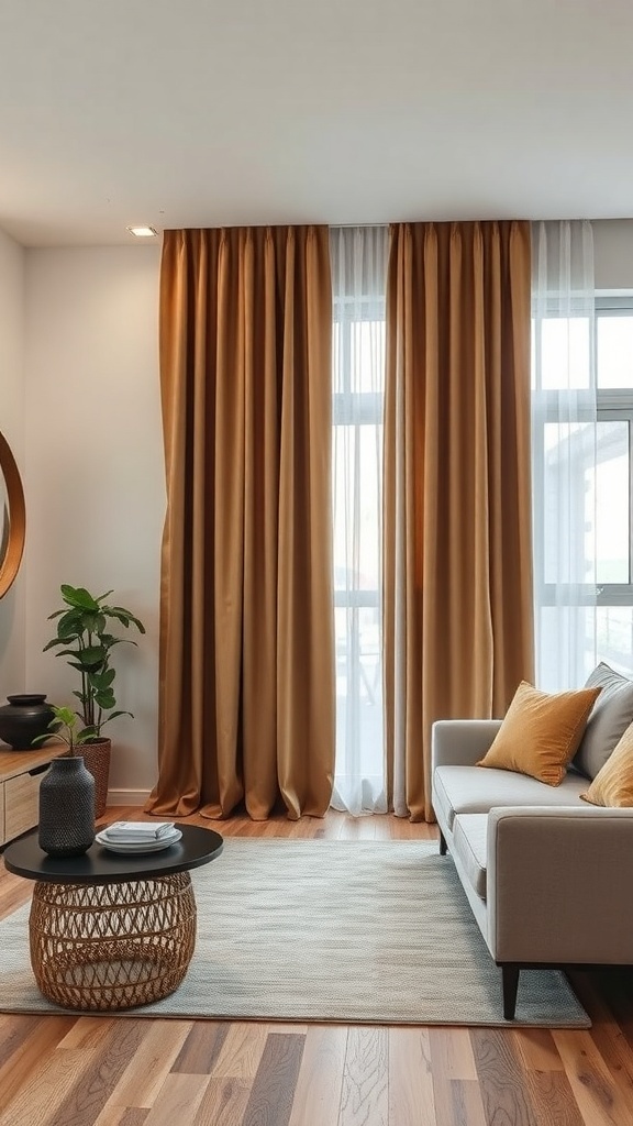 A living room featuring eco-friendly curtains in warm tones, with a cozy sofa and natural elements.