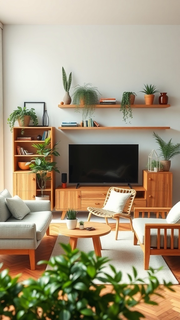 A cozy living room featuring natural wood furniture and various indoor plants.