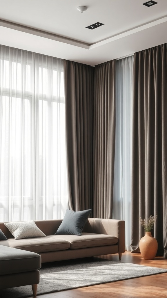 Living room with dark curtains and a cozy sofa