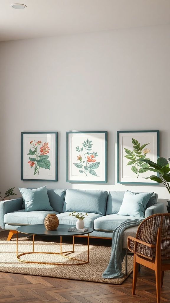 A living room with botanical prints on the walls, featuring a blue sofa and natural decor.