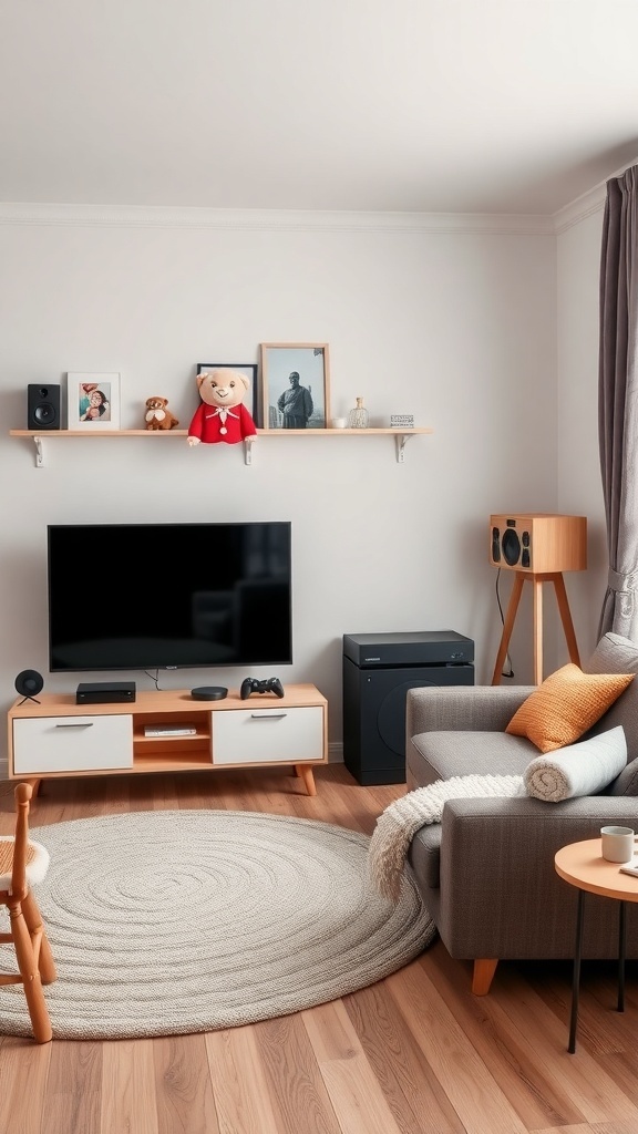 A cozy living room with a multimedia entertainment setup, featuring a TV, gaming console, and comfortable seating.