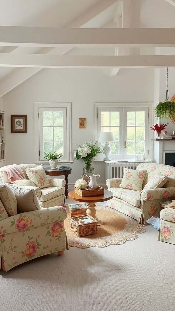 Cozy living room with floral patterned furniture and natural light