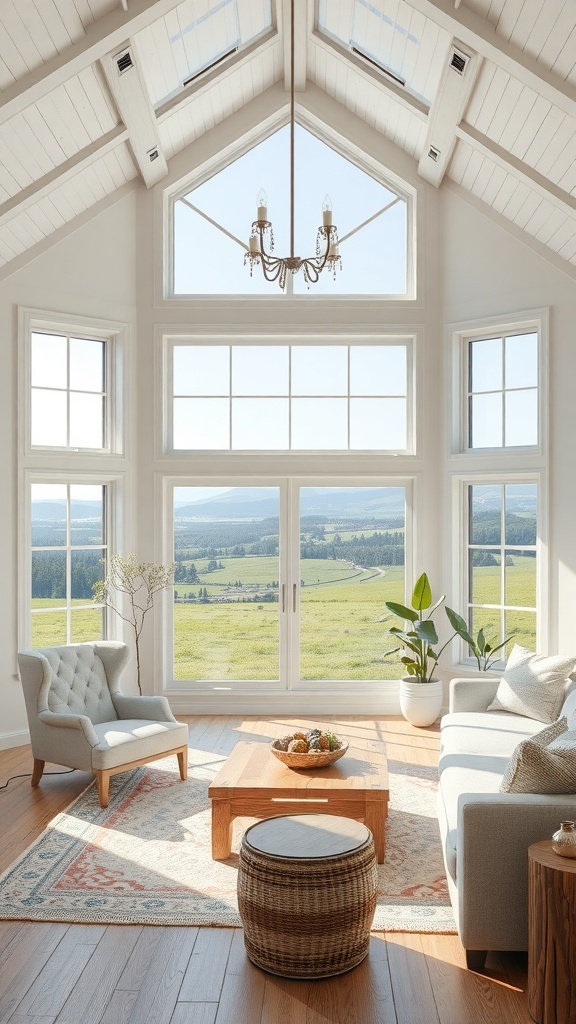 Bright and airy country living room with large windows and a beautiful view