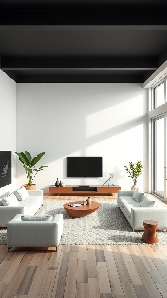 A minimalist living room with light sofas, a unique coffee table, and plants, featuring large windows and a dark ceiling.