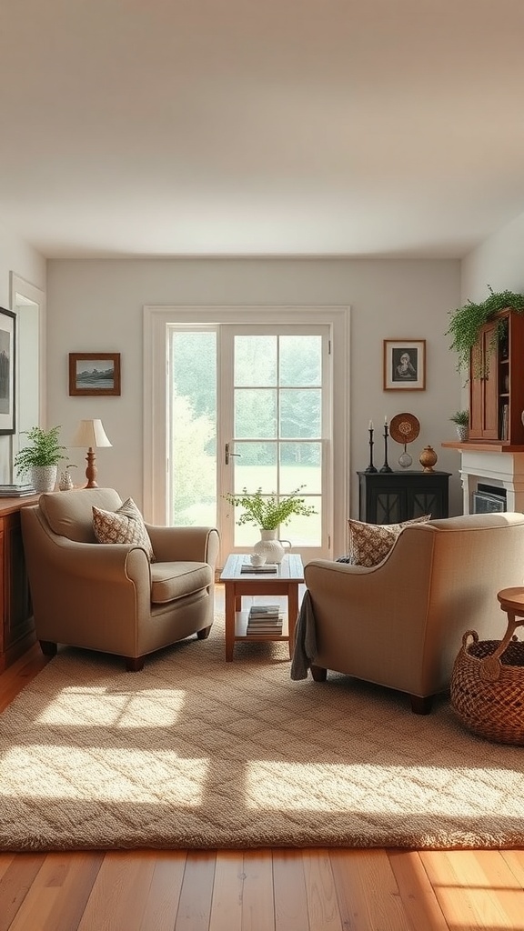 Cozy living room with oversized armchairs, a coffee table, and natural light