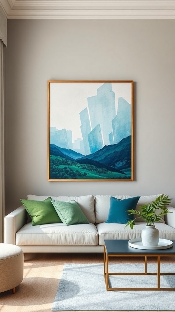 Stylish blue and green landscape artwork in a modern living room
