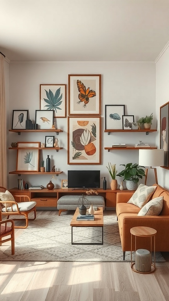 A cozy rectangle living room featuring a gallery wall of framed artwork, plants, and stylish furniture.