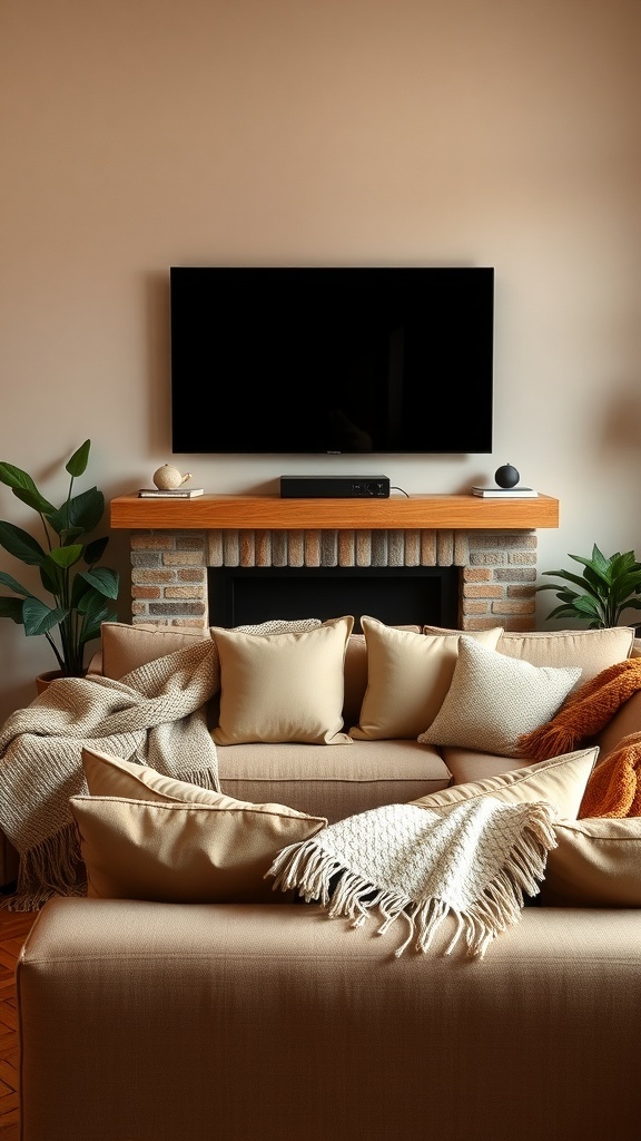Cozy living room with a Frame TV above a wooden mantel, surrounded by soft pillows and blankets.