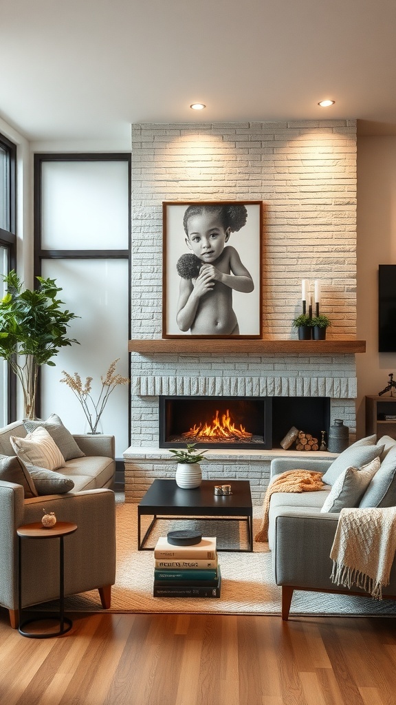 Cozy living room featuring a fireplace, art, and comfortable seating.