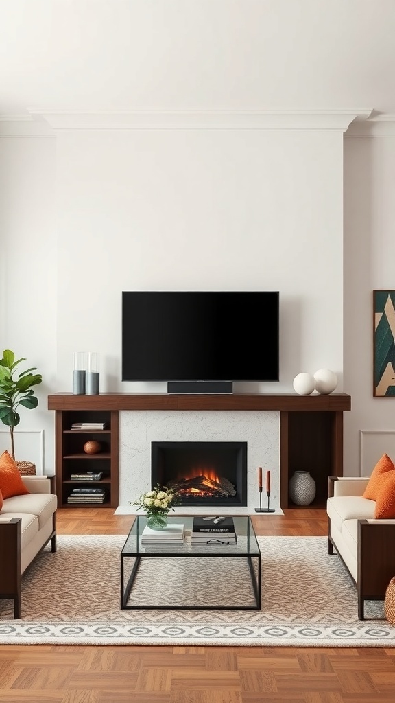 A modern living room featuring a Frame TV above a fireplace, with cozy sofas and a stylish coffee table.