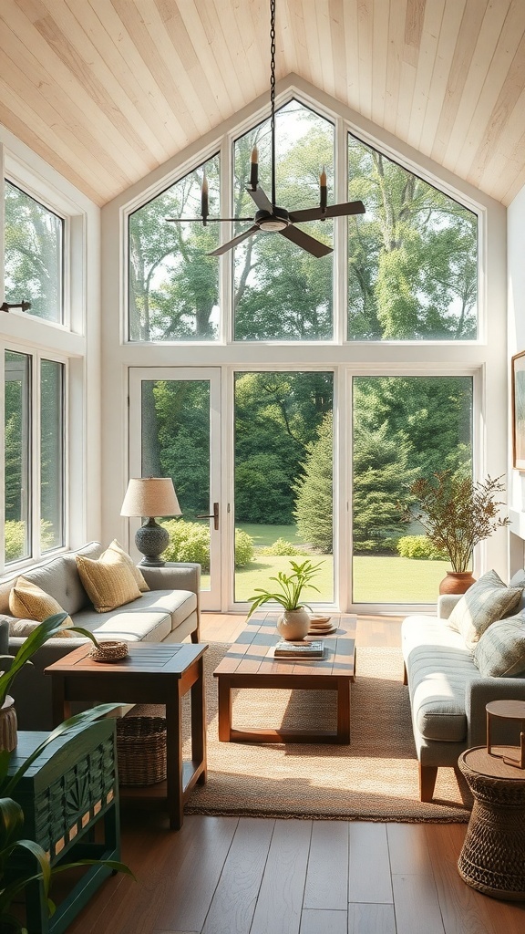 A bright living room with large windows showcasing greenery outside, featuring cozy furniture and natural elements.