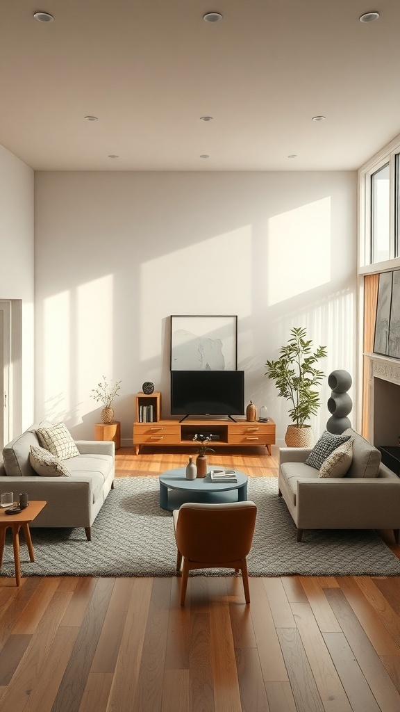 A rectangle living room with two sofas, a coffee table, a chair, and plants, showcasing distinct zones for relaxation and entertainment.