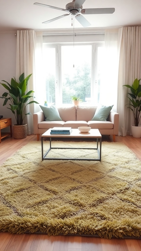 Cozy green area rug in a living room with plants and a coffee table