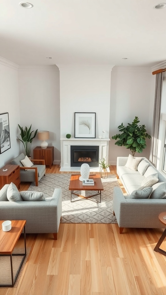 A well-arranged rectangle living room with two sofas, a coffee table, and plants.