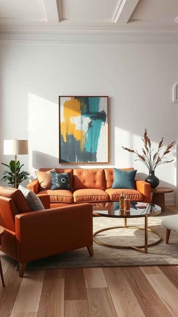 A cozy transitional living room featuring an orange sofa, blue cushions, and vibrant artwork.