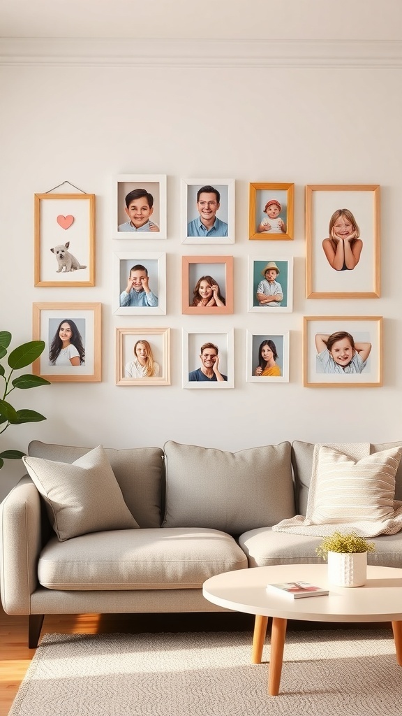 A family photo gallery wall with various framed pictures of family members and a pet, arranged above a cozy sofa.