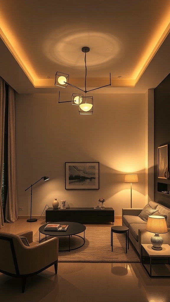 A well-lit rectangle living room featuring modern lighting solutions, including a ceiling fixture, floor lamp, and table lamps.