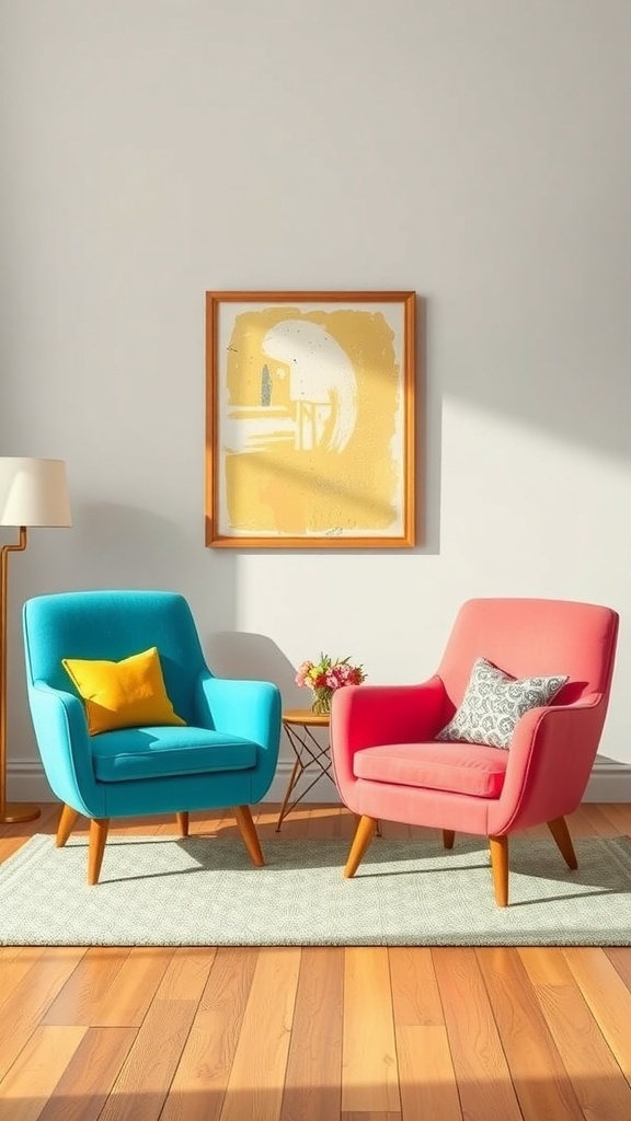 Two brightly colored accent chairs, one blue and one pink, with decorative pillows, placed in a cozy living room setting.