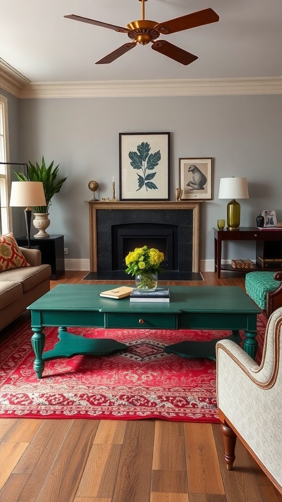 A vintage green coffee table in a cozy living room setting with a red rug, plants, and artwork.