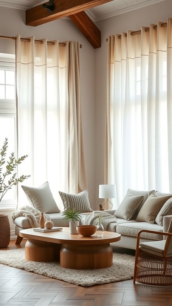 A cozy living room featuring light linen curtains, a soft sofa, and natural textures.