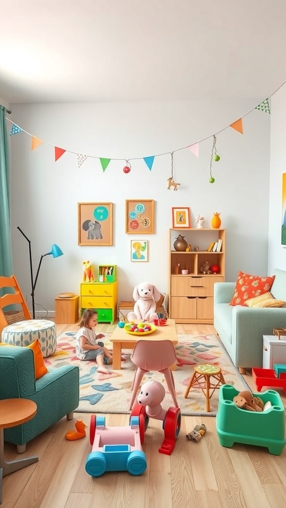 A vibrant living room with a play area featuring toys, a table, and colorful decorations.