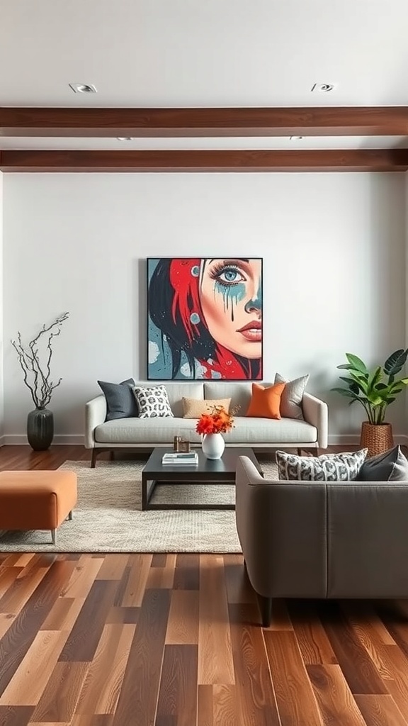 A stylish rectangle living room featuring a bold piece of art, cozy furniture, and decorative plants.