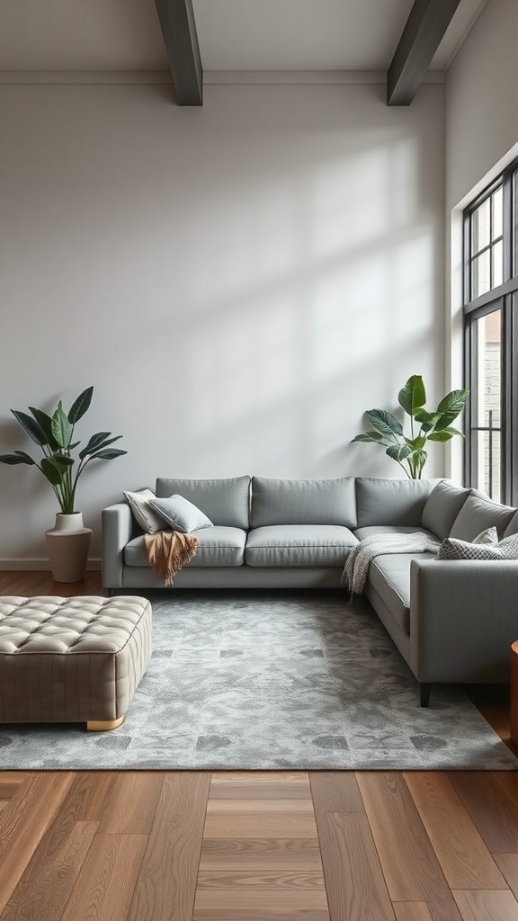 A modern rectangle living room featuring a sectional sofa, an ottoman, and plants.