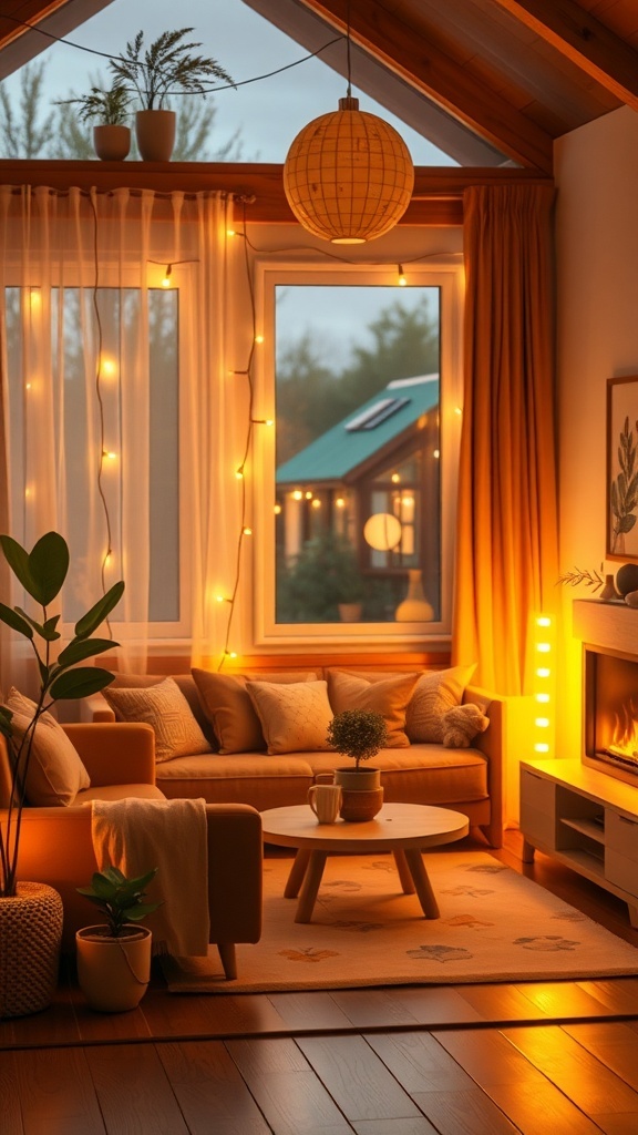 Cozy living room with string lights, warm colors, and plants