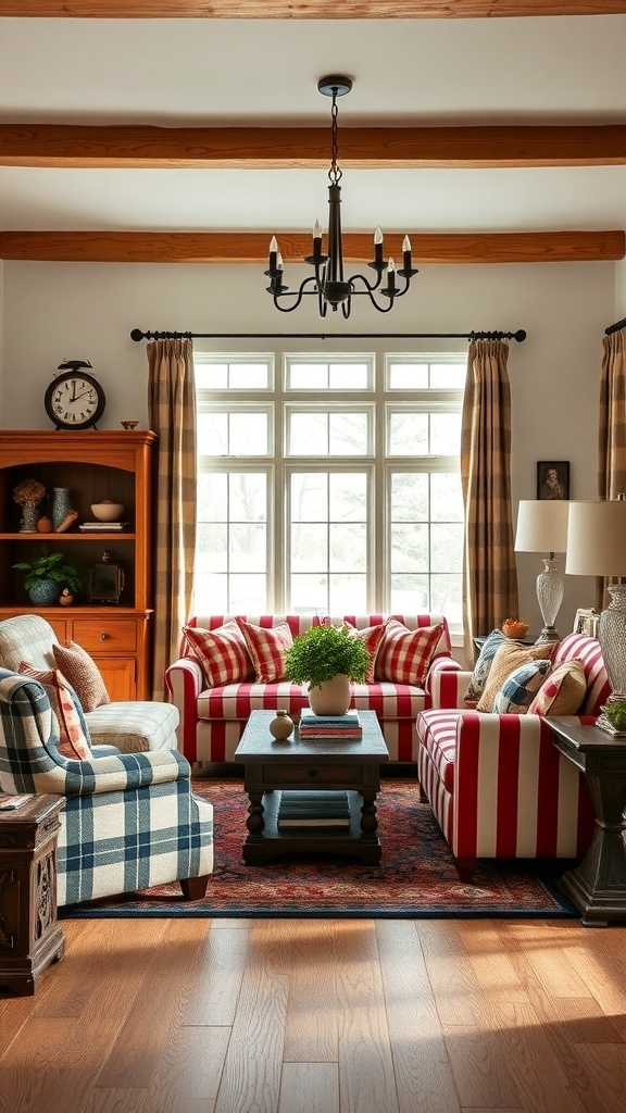 A cozy country living room featuring a mix of plaid and striped furniture, wooden accents, and natural light.