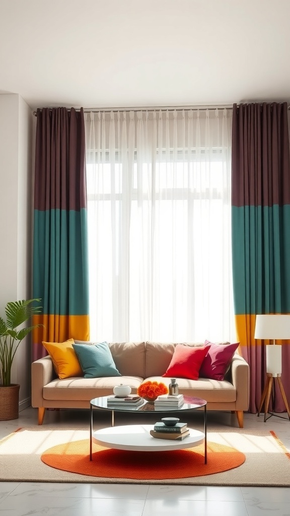 A modern living room with color-blocked curtains in teal, burgundy, and mustard, featuring a neutral sofa and colorful accent pillows.