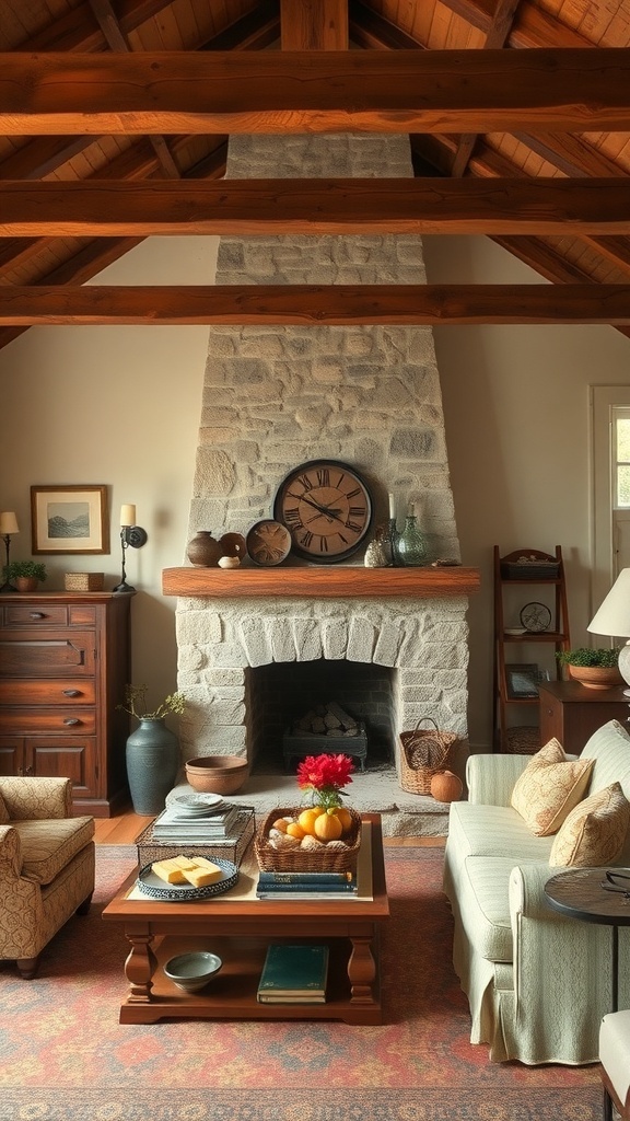 A cozy living room featuring exposed wooden beams, a stone fireplace, and comfortable seating.