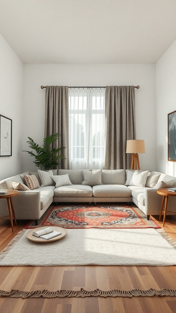 A cozy rectangle living room featuring a sectional sofa, layered rugs, and soft curtains.
