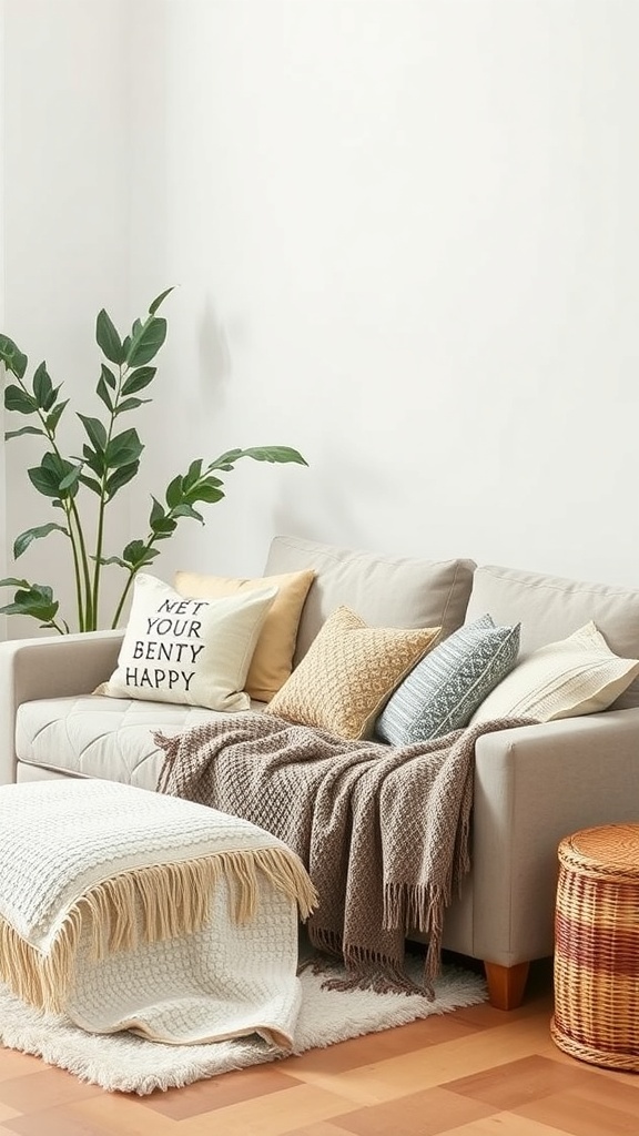 Cozy living room with a sofa, decorative pillows, a throw blanket, and a plant.