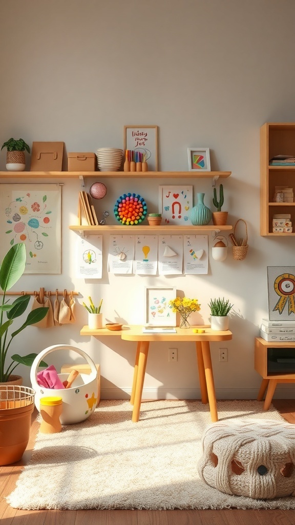 A bright crafting station with shelves of art supplies, a wooden table, and a cozy rug.