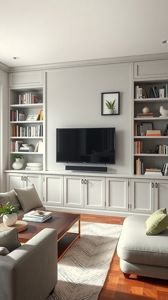A modern living room featuring a Frame TV mounted on a built-in shelving unit filled with books and decorative items.