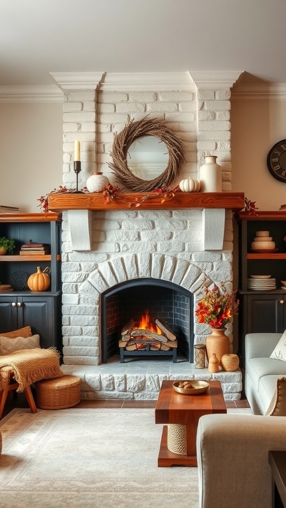 Cozy country living room featuring a stone fireplace with a rustic mantel, decorated with seasonal items.