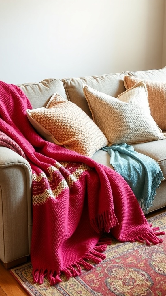 Cozy living room with colorful throw blankets and pillows